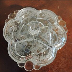 Vintage Duncan Miller Three Section Crystal Etched Candy Dish